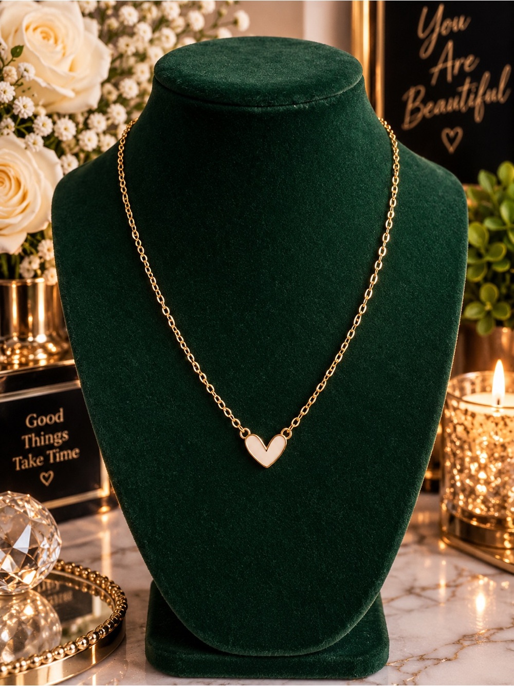 Gold Heart Pendant Necklace in White Enamel - Women's Jewelry